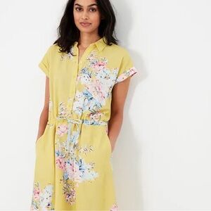 Joules Lemon yellow Floral Allison Linen blend Shirt Dress waist tie casual 4